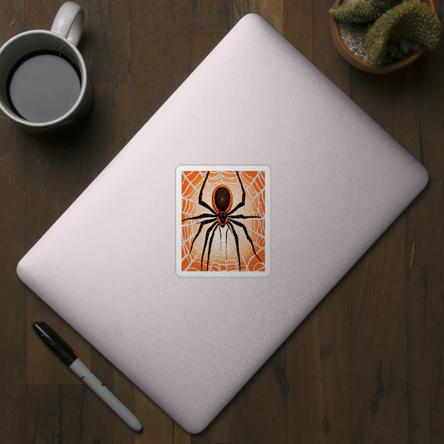 Creepy Halloween Orange and Black Spider on Web by BirdsnStuff